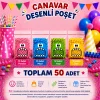 50 Adet 4 Renkli Canavar Desenli Cake Pop & Kurabiye Poşeti - 10x15 cm