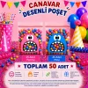 50 Adet Pembe-Mavi Renkli Canavar Desenli Cake Pop & Kurabiye Poşeti-10x15 cm