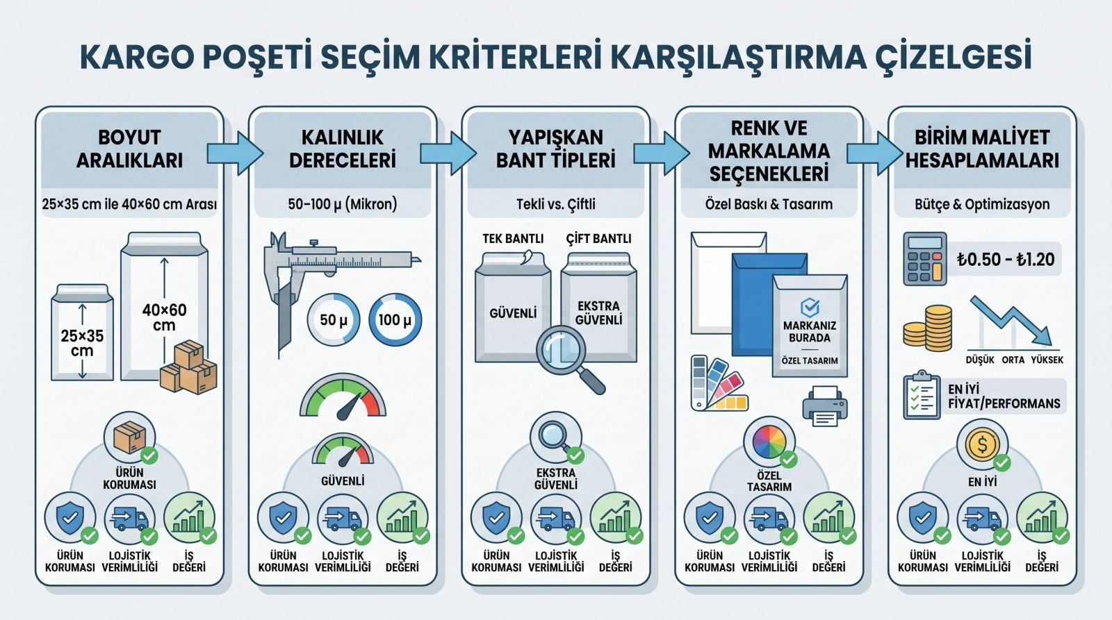 Kargo poşeti seçiminde boyut, kalınlık, bant sistemi, renk ve maliyetin karşılaştırmalı özeti.