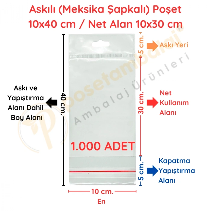 10x40 cm (Kapalı Hali 10x30 cm) 1.000 Adet OPP Askılı Meksika Şapkalı Poşet