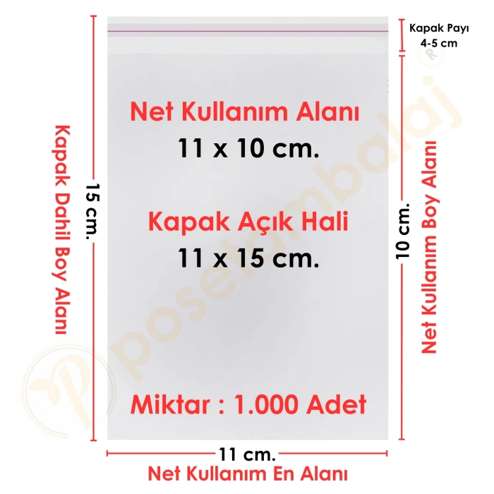 11x10+5 cm.(11x15) 1.000 Adet Şeffaf Bantlı Yapışkanlı OPP Poşet