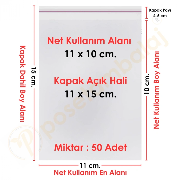 11x10+5 cm.(11x15) 50 Adet Şeffaf Bantlı Yapışkanlı OPP Poşet