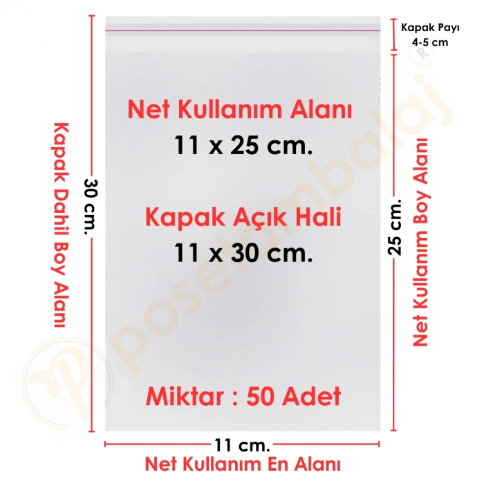 11x25+5 cm.(11x30) 50 Adet Şeffaf Bantlı Yapışkanlı OPP Poşet