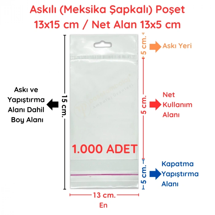 13x15 cm (Kapalı Hali 13x5 cm) 1.000 Adet OPP Askılı Meksika Şapkalı Poşet