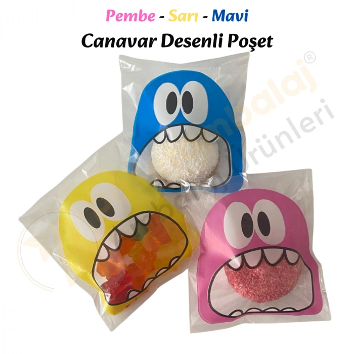 30 Adet Pembe-Sarı-Mavi Renkli Canavar Desenli Cake Pop & Kurabiye Poşeti-10x15 cm