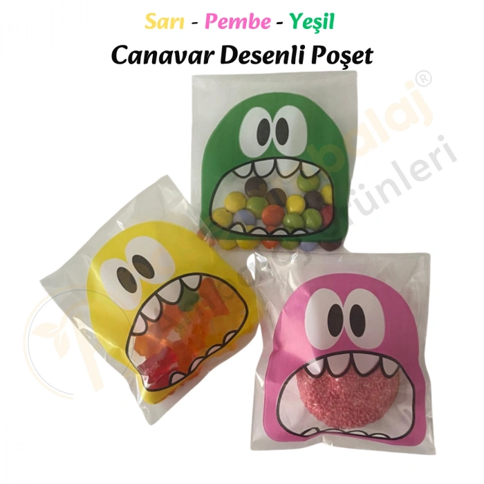 30 Adet Sarı-Pembe-Yeşil Renkli Canavar Desenli Cake Pop & Kurabiye Poşeti-10x15 cm