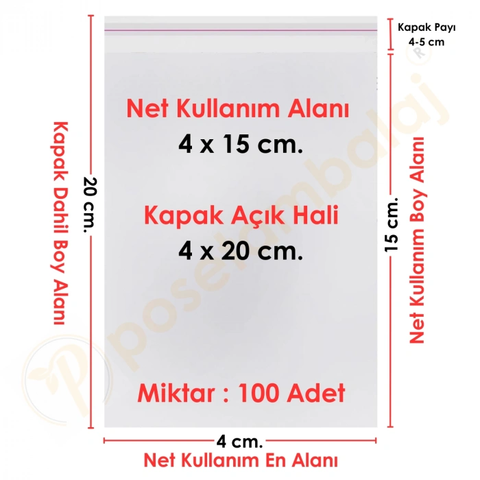 4x15+5 cm.(4x20) 100 Adet Şeffaf Bantlı Yapışkanlı OPP Poşet