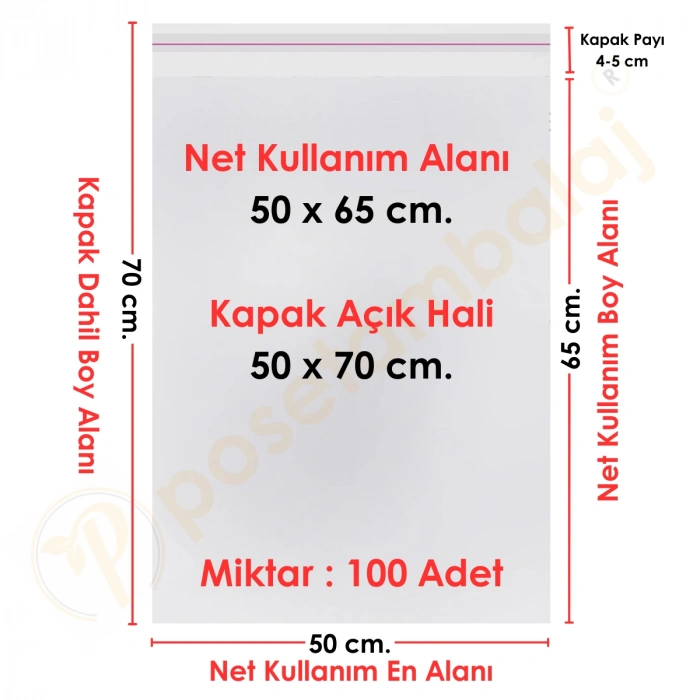 50x65+5 cm.(50x70) 100 Adet Şeffaf Bantlı Yapışkanlı Jelatin Poşet
