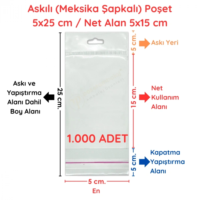 5x25 cm (Kapalı Hali 5x15 cm) 1.000 Adet OPP Askılı Meksika Şapkalı Poşet