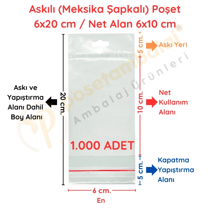 6x20 cm (Kapalı Hali 6x10 cm) 1.000 Adet OPP Askılı Meksika Şapkalı Poşet
