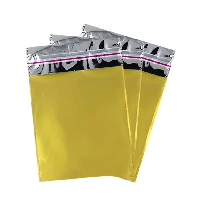 7x9 cm Altın Renk Bantlı Lüks Metalize Hediyelik Poşet (50 Adet)