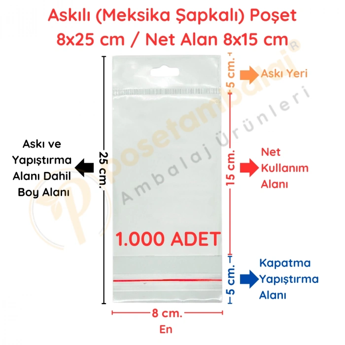 8x25 cm (Kapalı Hali 8x15 cm) 1.000 Adet OPP Askılı Meksika Şapkalı Poşet