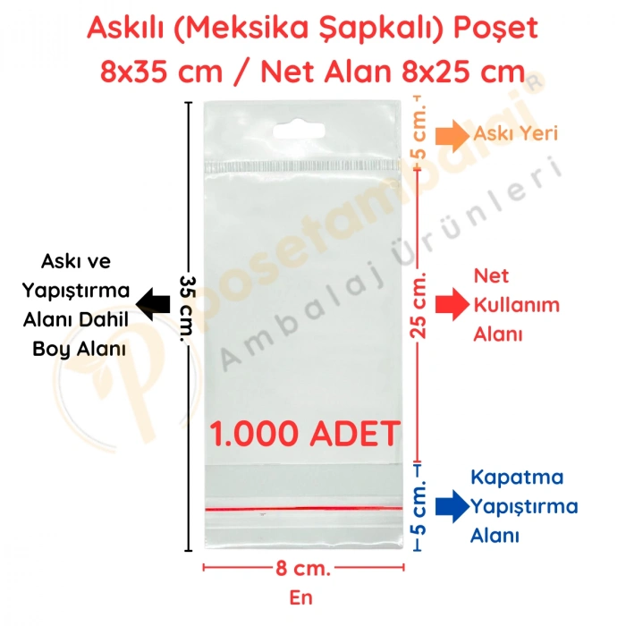 8x35 cm (Kapalı Hali 8x25 cm) 1.000 Adet OPP Askılı Meksika Şapkalı Poşet