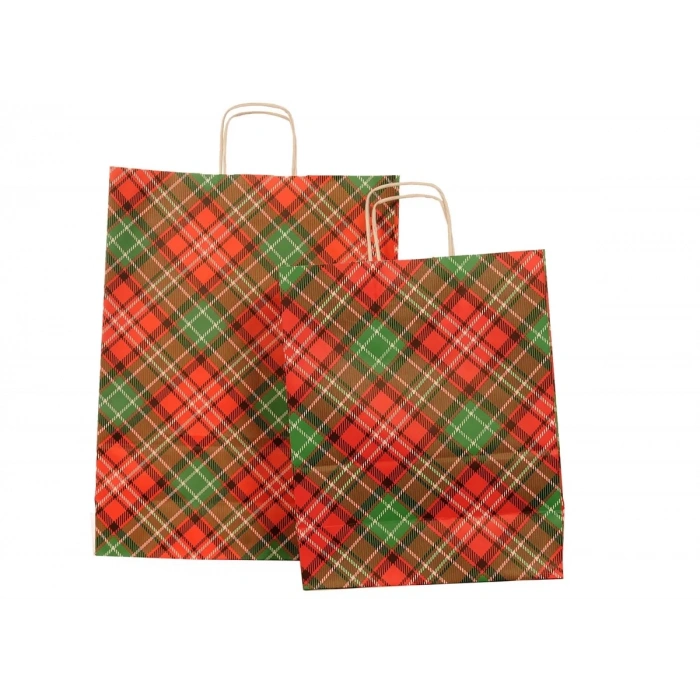 Ekose Desen Kraft Çanta Büyük Boy 31x12x41 cm 25 Adet