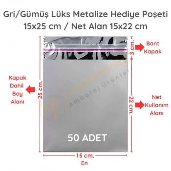 15x25 cm Gümüş Renk Bantlı Lüks Metalize Hediyelik Poşet (50 Adet)