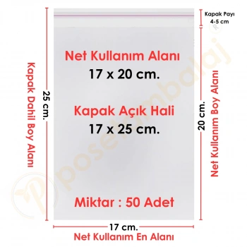 17x20+5 cm.(17x25) 50 Adet Şeffaf Bantlı Yapışkanlı OPP Poşet