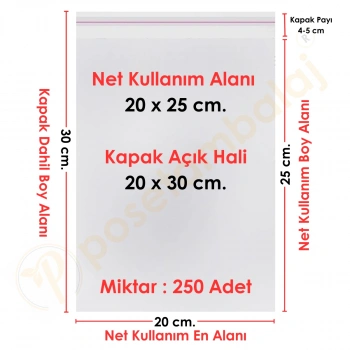 20x25+5 cm.(20x30) 250 Adet Şeffaf Bantlı Yapışkanlı Jelatin Poşet