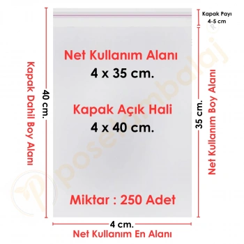 4x35+5 cm.(4x40) 250 Adet Şeffaf Bantlı Yapışkanlı OPP Poşet