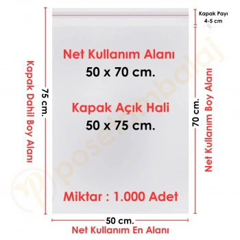 50x70+5 cm.(50x75) 1.000 Adet Şeffaf Bantlı Yapışkanlı Jelatin Poşet