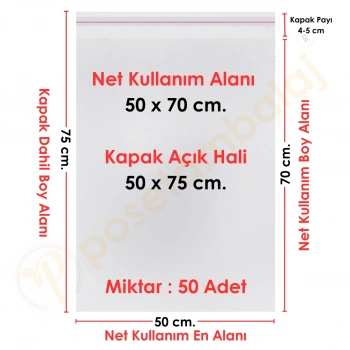 50x70+5 cm.(50x75) 50 Adet Şeffaf Bantlı Yapışkanlı Jelatin Poşet