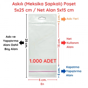 5x25 cm (Kapalı Hali 5x15 cm) 1.000 Adet OPP Askılı Meksika Şapkalı Poşet
