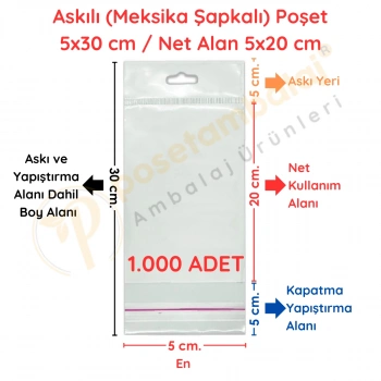 5x30 cm (Kapalı Hali 5x20 cm) 1.000 Adet OPP Askılı Meksika Şapkalı Poşet