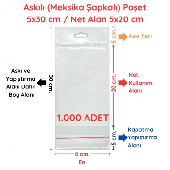 5x30 cm (Kapalı Hali 5x20 cm) 1.000 Adet OPP Askılı Meksika Şapkalı Poşet