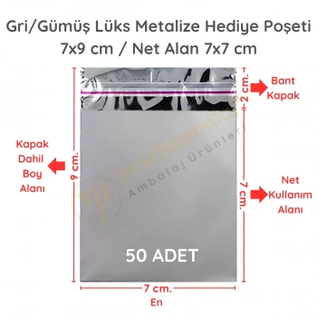 7x9 cm Gümüş Renk Bantlı Lüks Metalize Hediyelik Poşet (50 Adet)