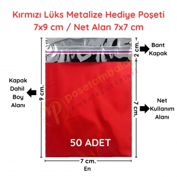 7x9 cm Kırmızı Renk Bantlı Lüks Metalize Hediyelik Poşet (50 Adet)