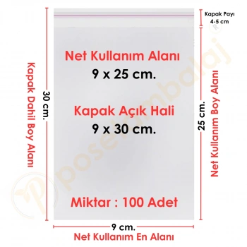 9x25+5 cm.(9x30) 100 Adet Şeffaf Bantlı Yapışkanlı OPP Poşet