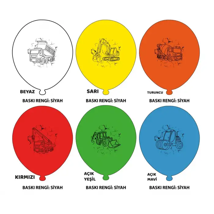 12 İş Makineleri Baskılı Balon 1+1 - 100 Adet