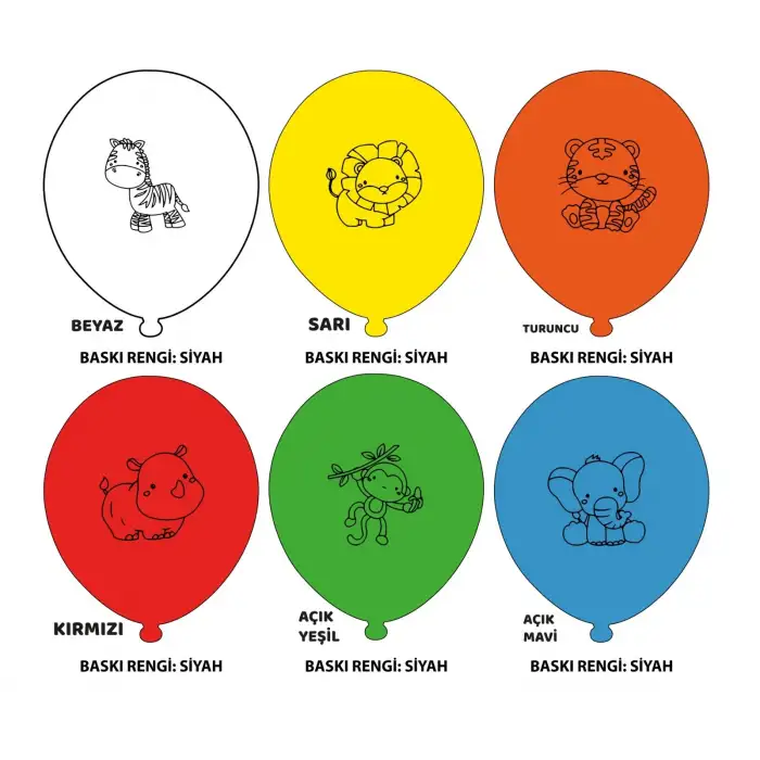 12 Hayvanlar Baskılı Balon 1+1 - 100 Adet