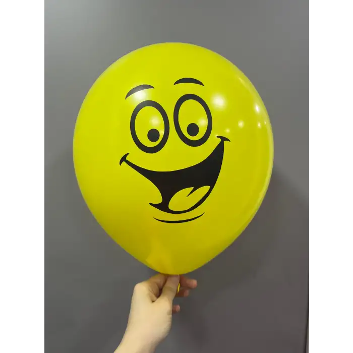 12 Gülen Yüz Baskılı Balon - Sarı 1+1 - 100 Adet