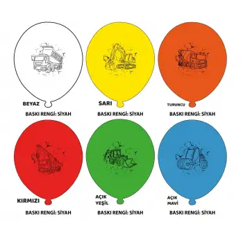 12 İş Makineleri Baskılı Balon 1+1 - 100 Adet