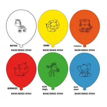 12 Hayvanlar Baskılı Balon 1+1 - 100 Adet