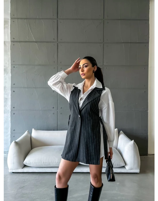 Gömlekli Çizgili Yelek Takım