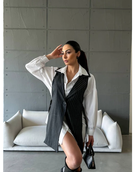 Gömlekli Çizgili Yelek Takım