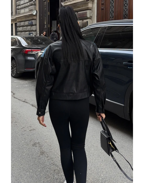 Deri Detaylı Kot Ceket