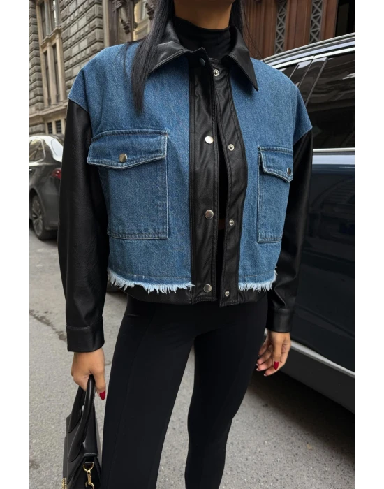 Deri Detaylı Kot Ceket