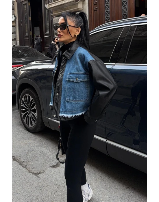 Deri Detaylı Kot Ceket