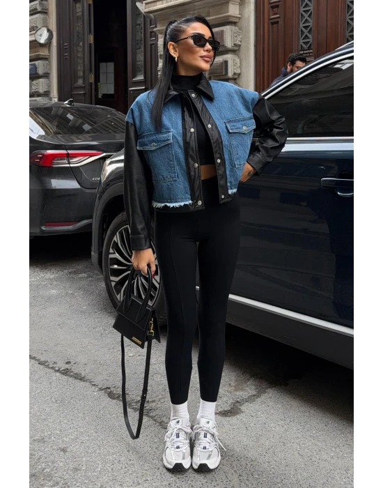 Deri Detaylı Kot Ceket