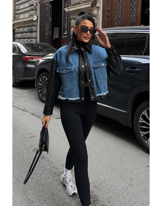 Deri Detaylı Kot Ceket