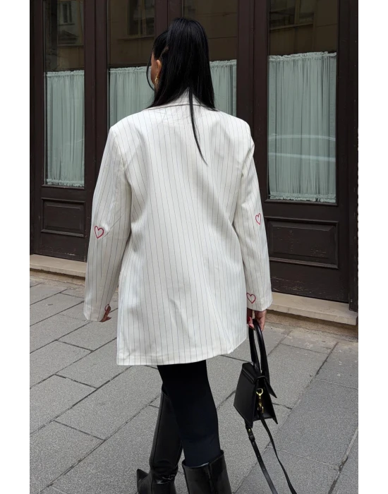 Kalp Nakışlı Çizgili Blazer Ceket