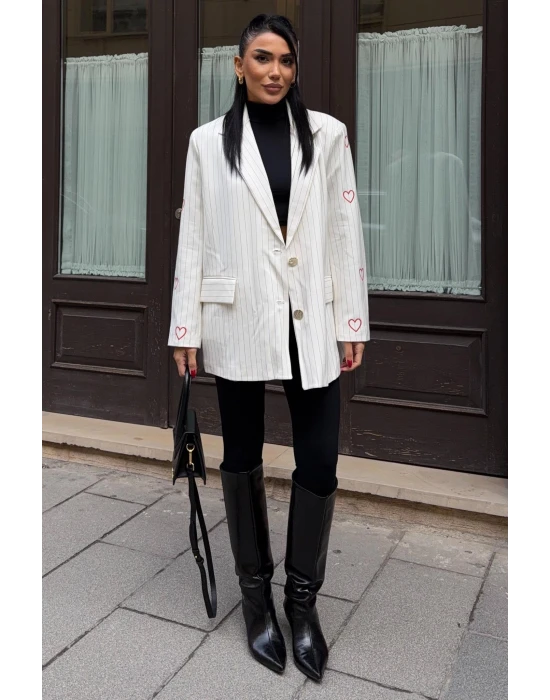 Kalp Nakışlı Çizgili Blazer Ceket
