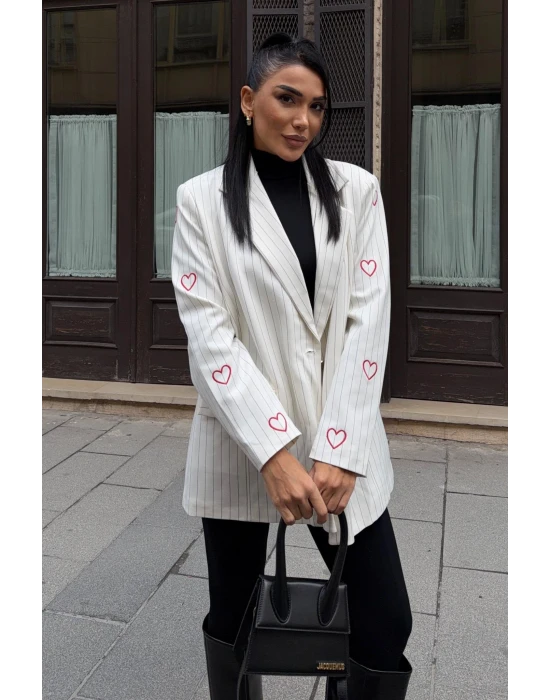 Kalp Nakışlı Çizgili Blazer Ceket
