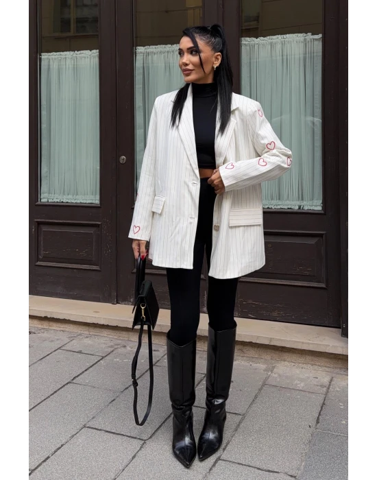 Kalp Nakışlı Çizgili Blazer Ceket