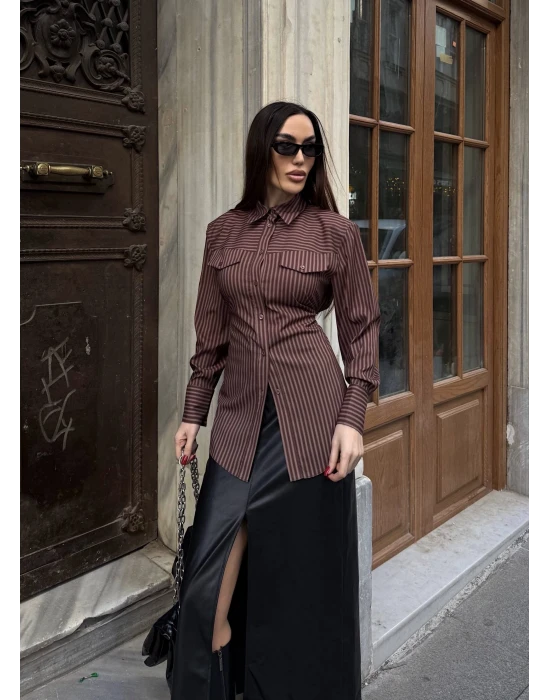 Beli Bağlamalı Çizgili Gömlek