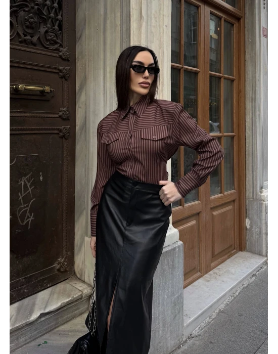 Beli Bağlamalı Çizgili Gömlek