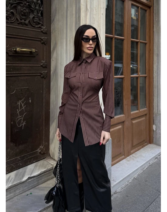 Beli Bağlamalı Çizgili Gömlek