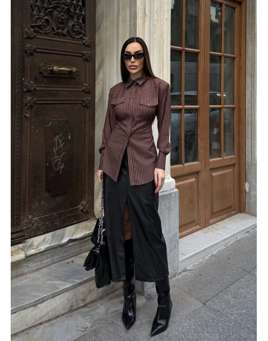 Beli Bağlamalı Çizgili Gömlek